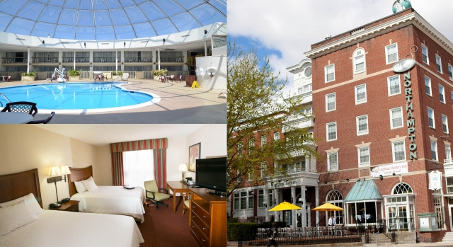 The pool at the Clarion, a room at the Hampton Inn, and the Hotel Northampton